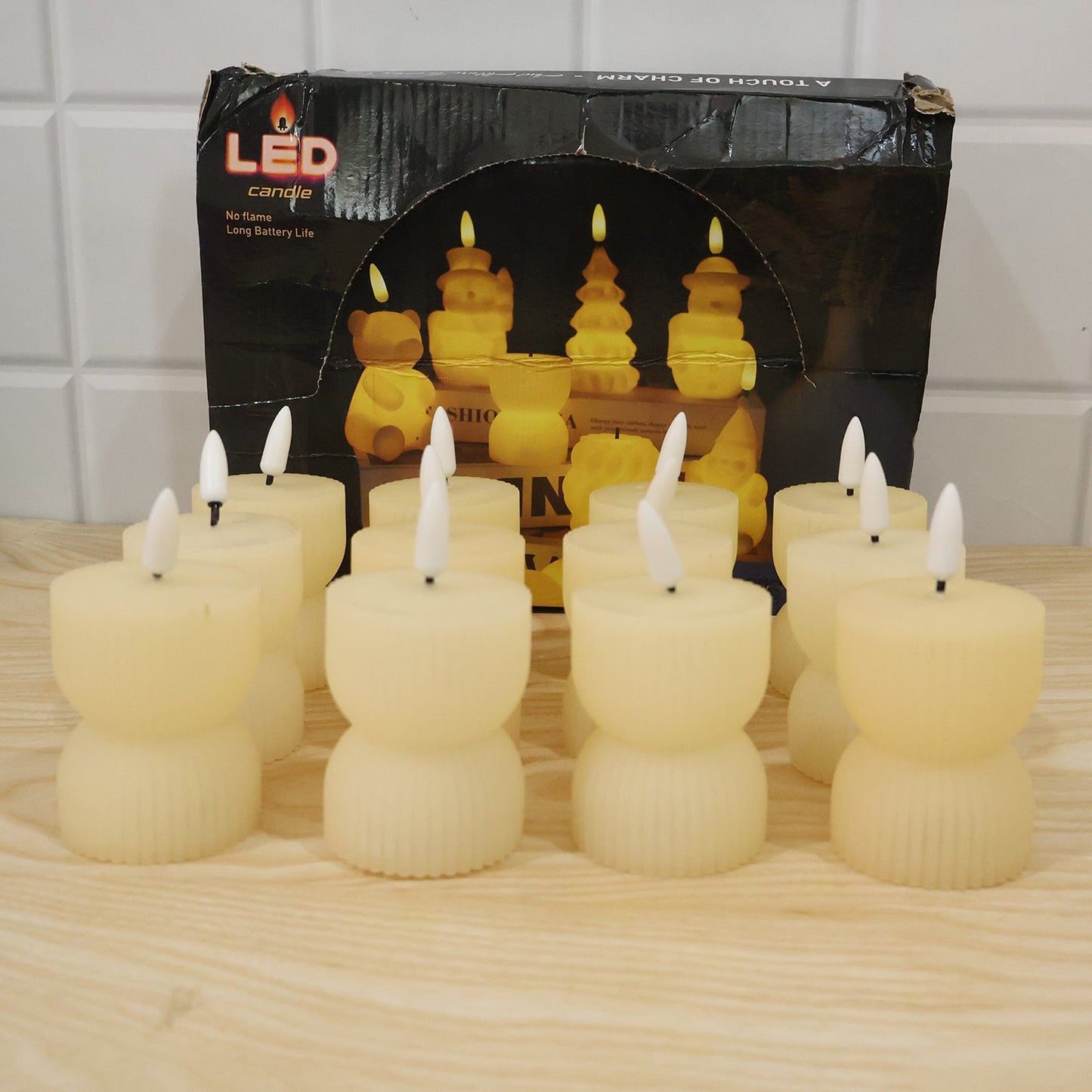 Flameless LED Decorative Candle Set Realistic Flame Ribbed Design (12 Pc)
