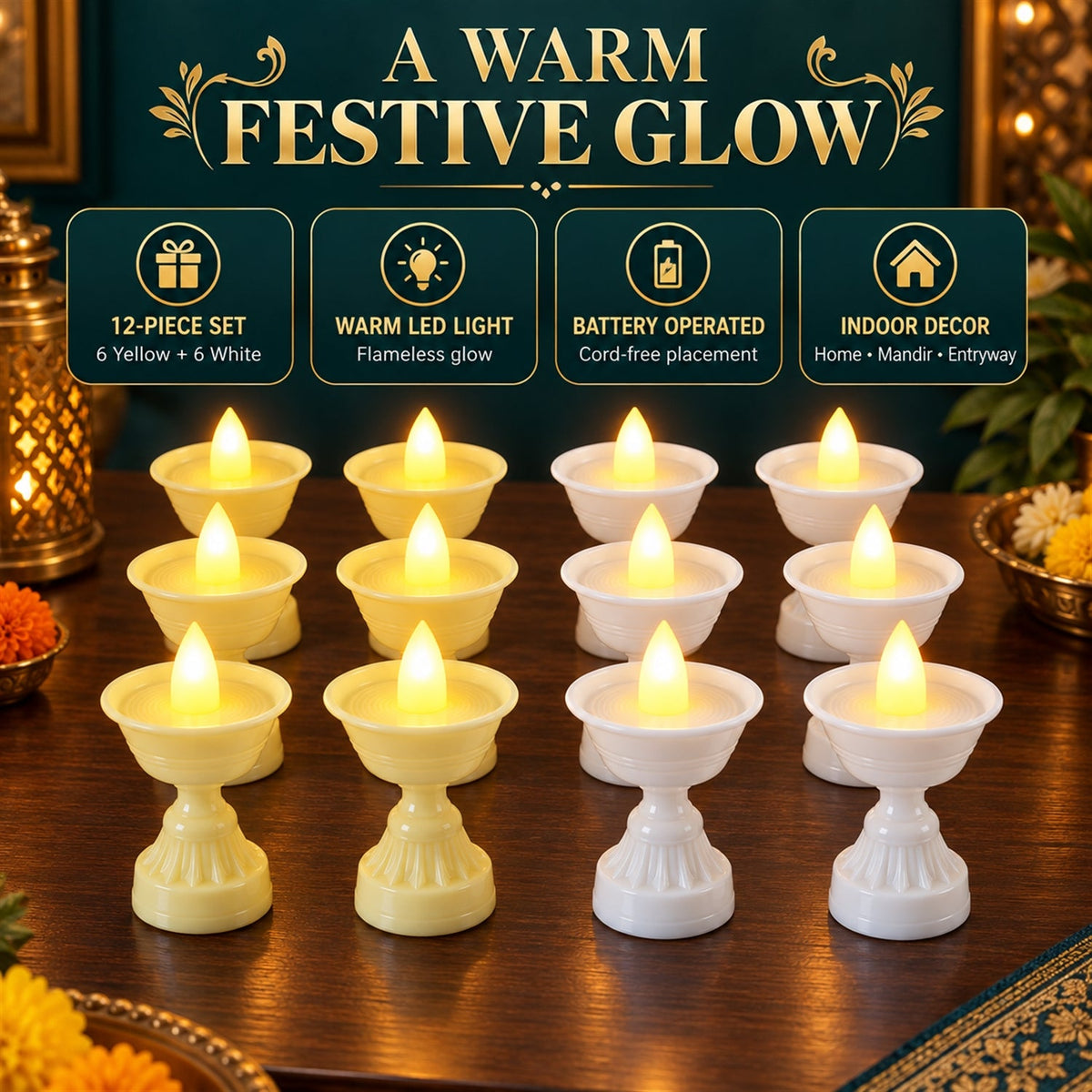 Twelve LED diya candles, half yellow and half white, are displayed on a dark surface with text describing product features.