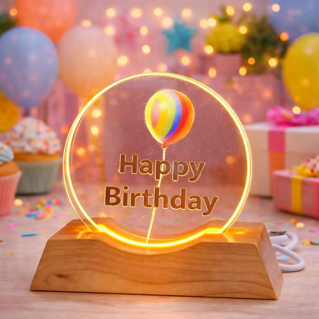 Happy Birthday LED Lamp Wooden Base Decorative Night Light