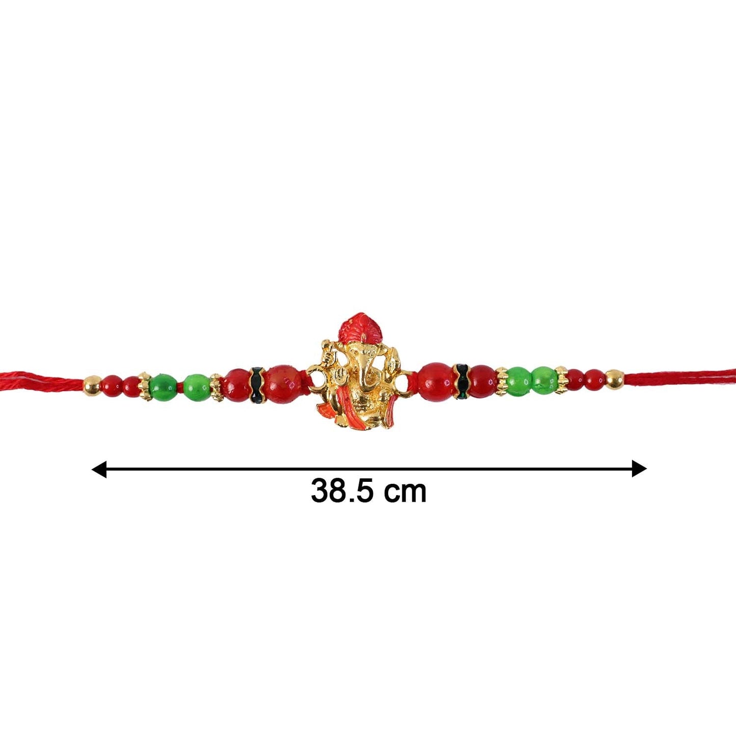 Elegant golden Ganesha Rakhi displayed on white background