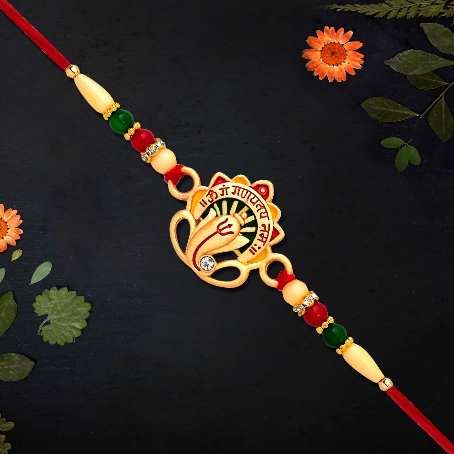 Close-up image showing fine traditional beadwork on Om Ganesha Rakhi.