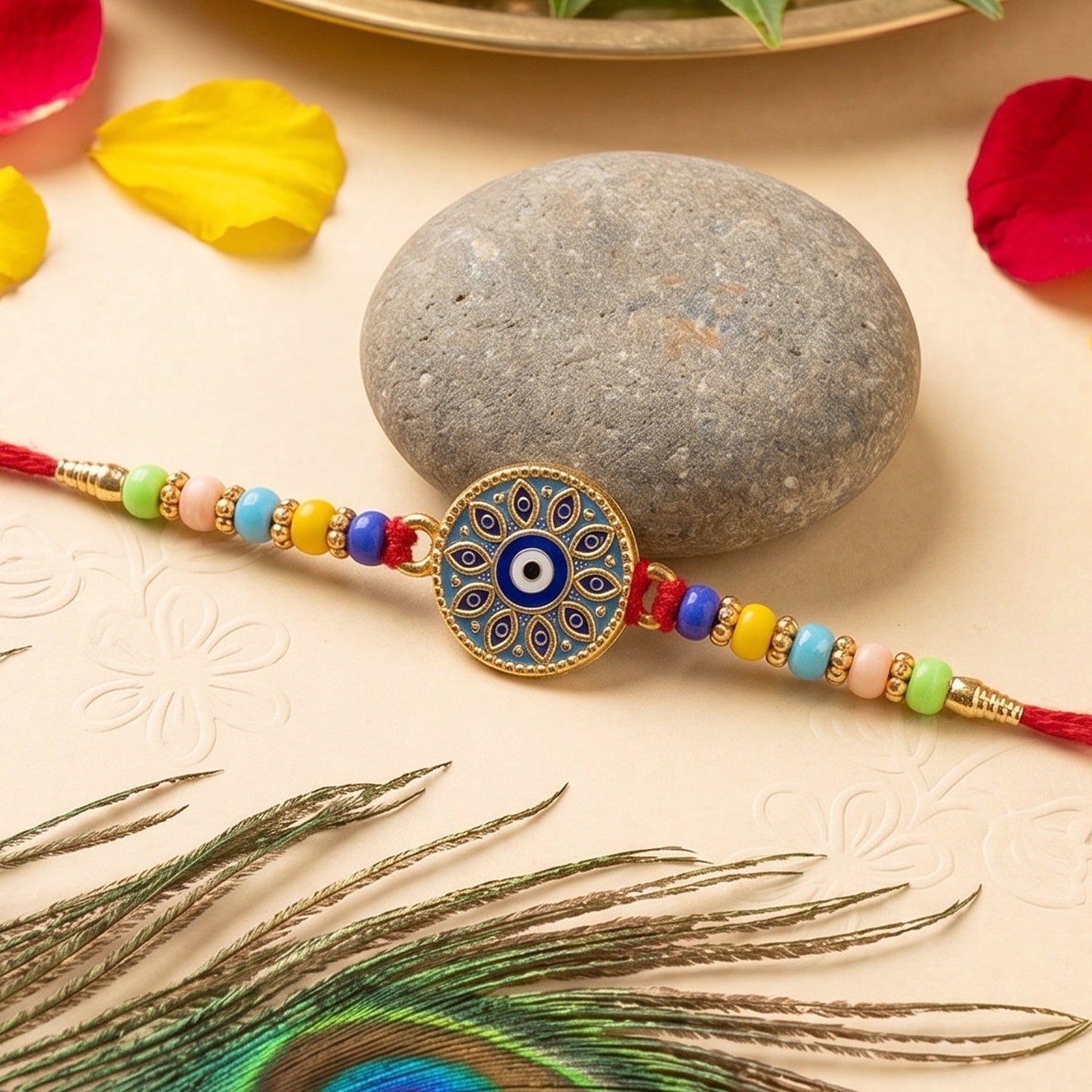 Traditional Evil Eye Mandala rakhi with soft thread and decorative beads