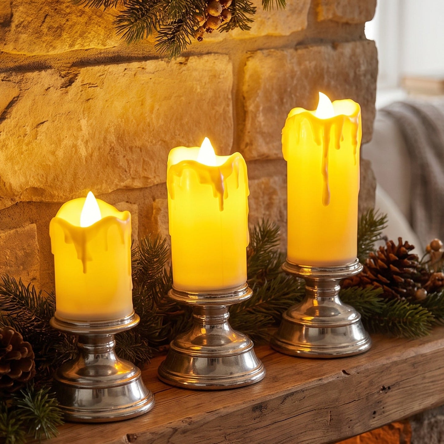 Candles set on their pedestal stands