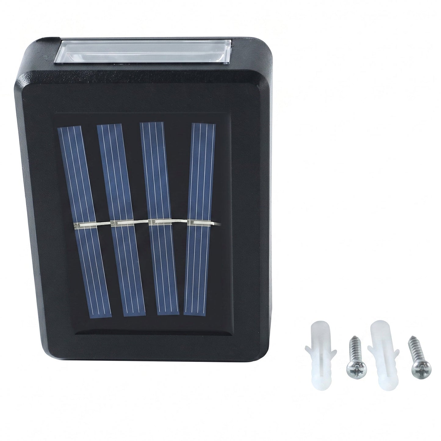 A black solar LED wall light with a blue solar panel is shown with two white wall plugs and two silver screws on a white