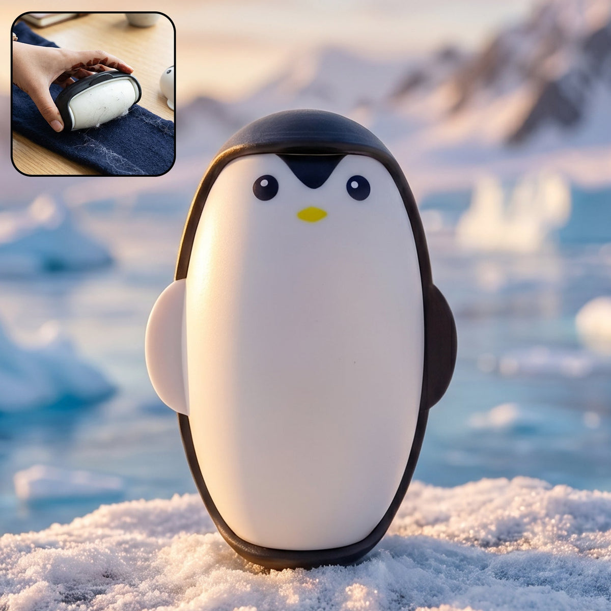 A black and white penguin lint roller stands on a snowy surface with icebergs and mountains in the background