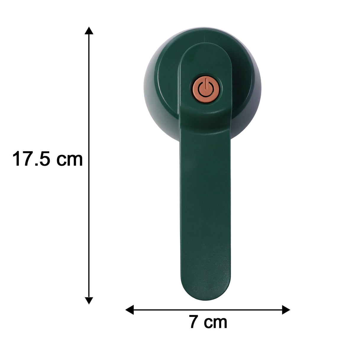 A dark green lint remover with a brown power button on top is shown vertically with dimensions: 17.5 cm height and 7 cm