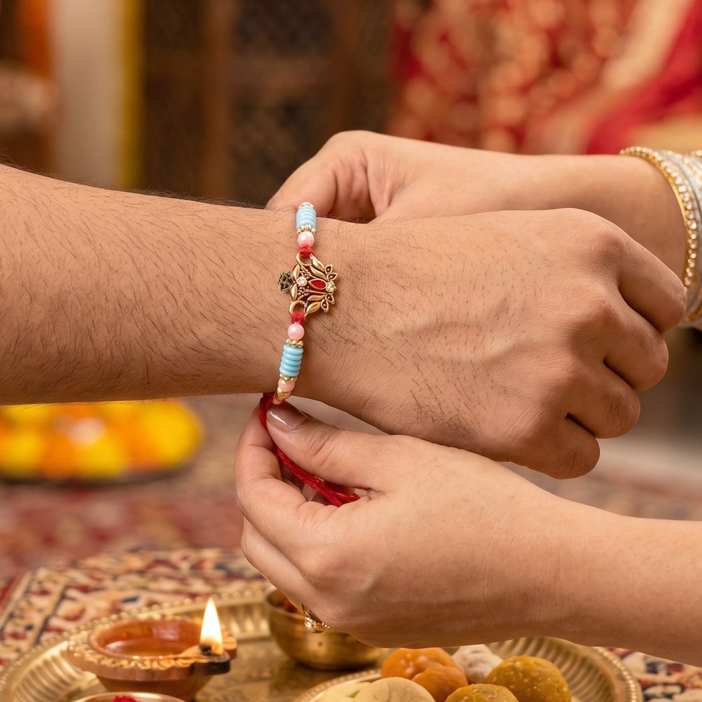 Decorative beads and soft thread Rakhi highlighting intricate design