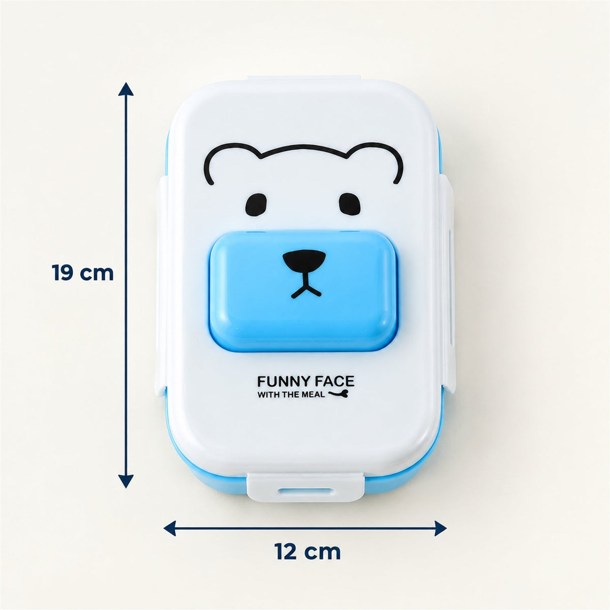 A blue water bottle, a two-compartment lunchbox with food, and a white spoon with labels highlighting features.