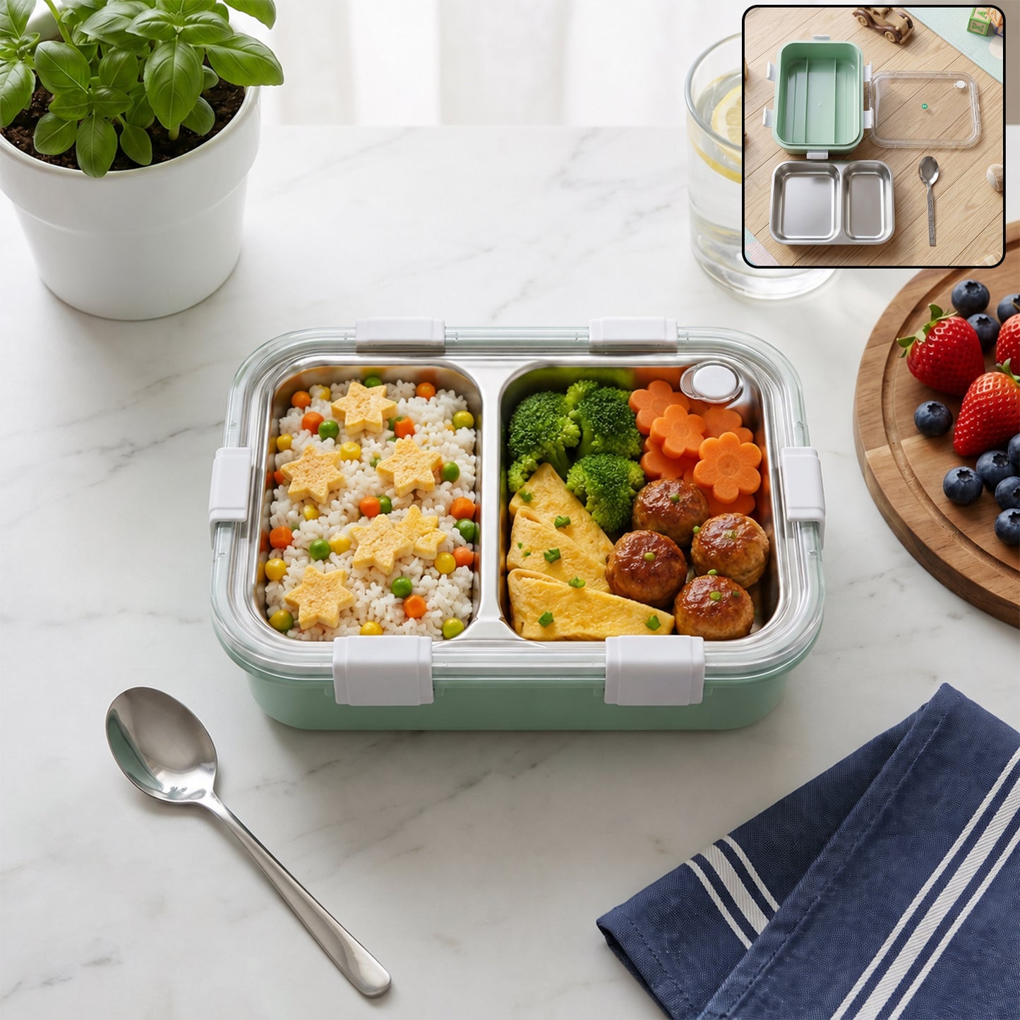 Stainless Steel Lunch Box 2 Section Lunch Box With Spoon