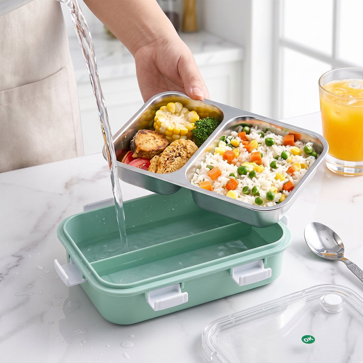 Stainless Steel Lunch Box 2 Section Lunch Box With Spoon