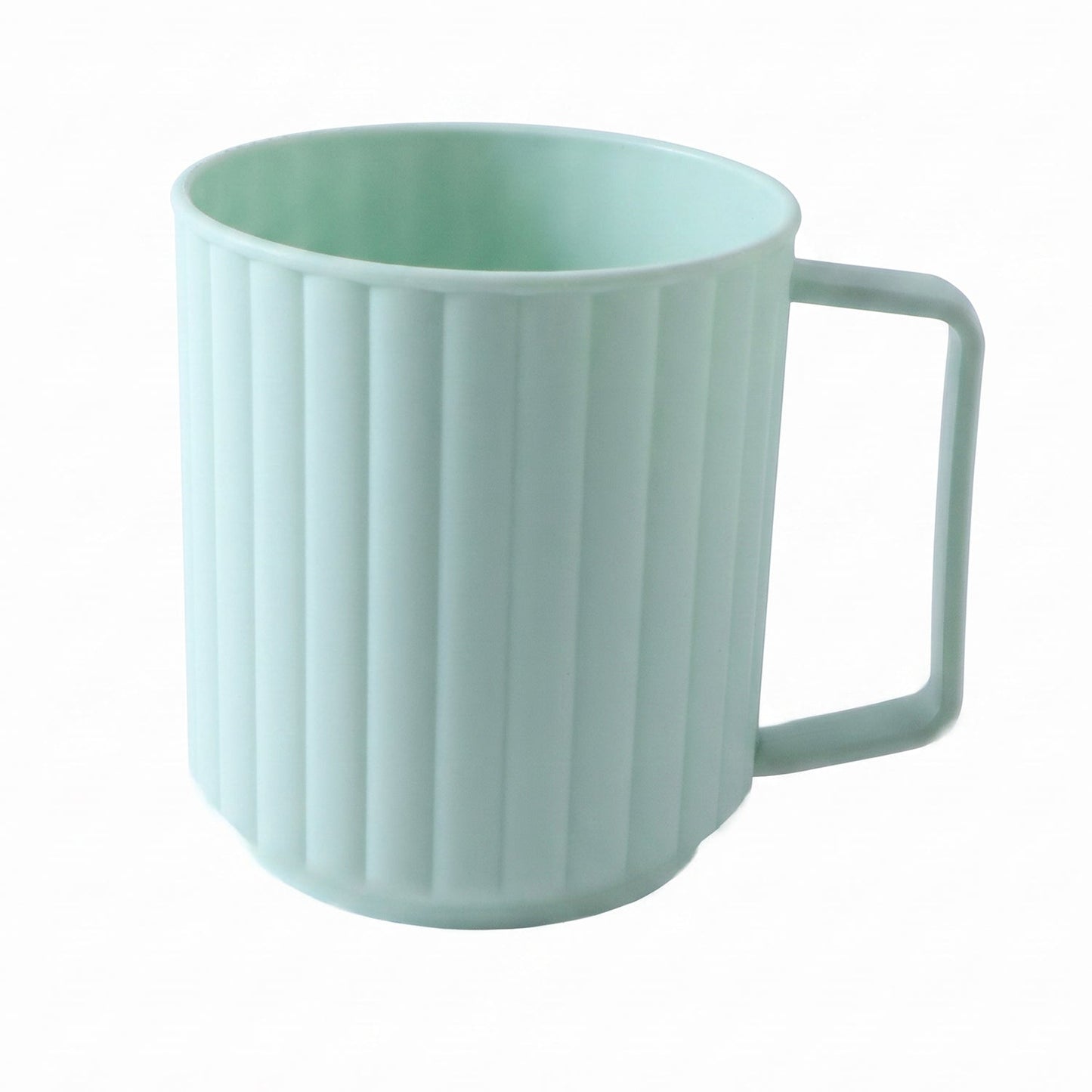 Plastic drinking mug on white background