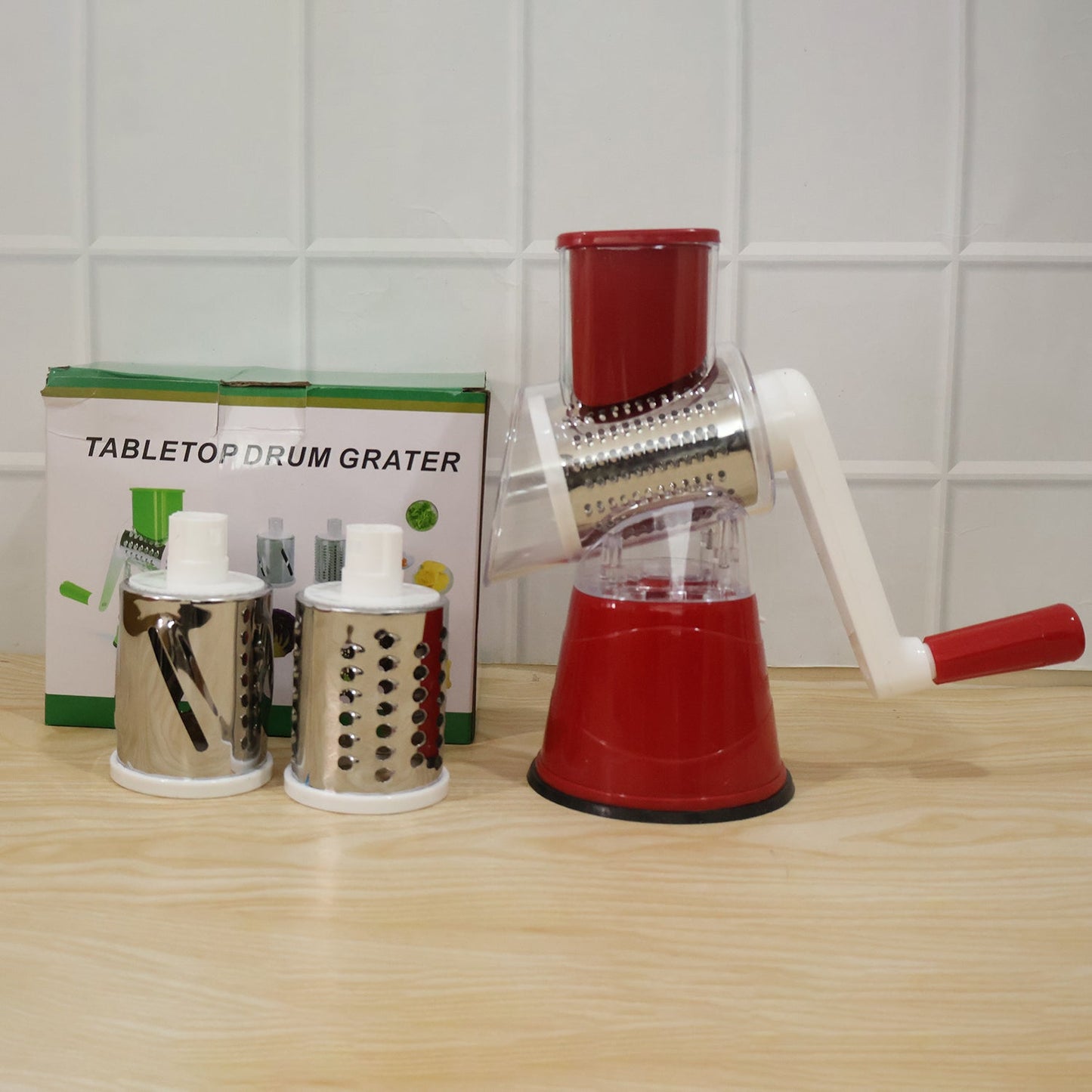 Manual Rotary Drum Grater and Slicer, Stainless Steel 3 Drum Vegetable Cutter (1 Set)