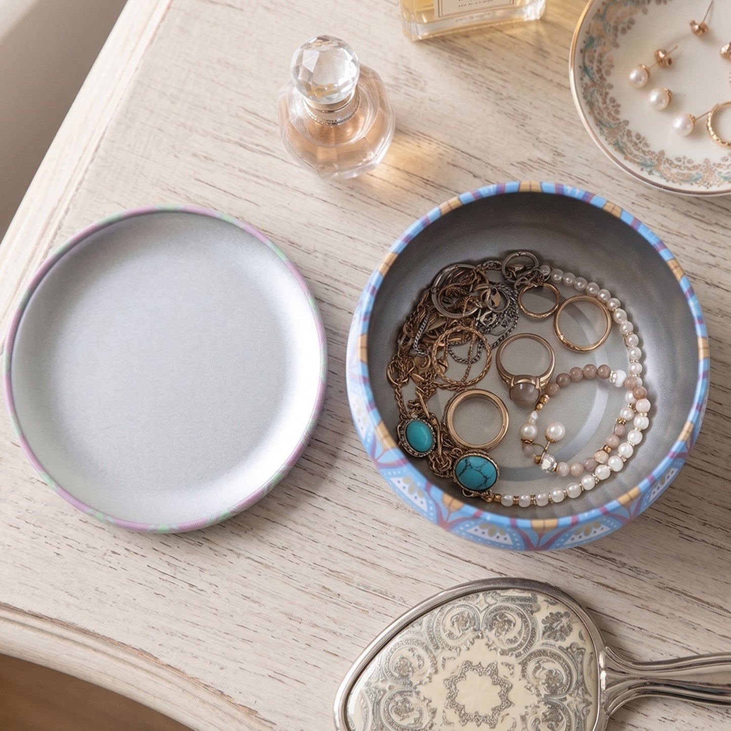 Metal Mandala Tin Box, Decorative Round Container for Candle and Trinkets (1 Pc)