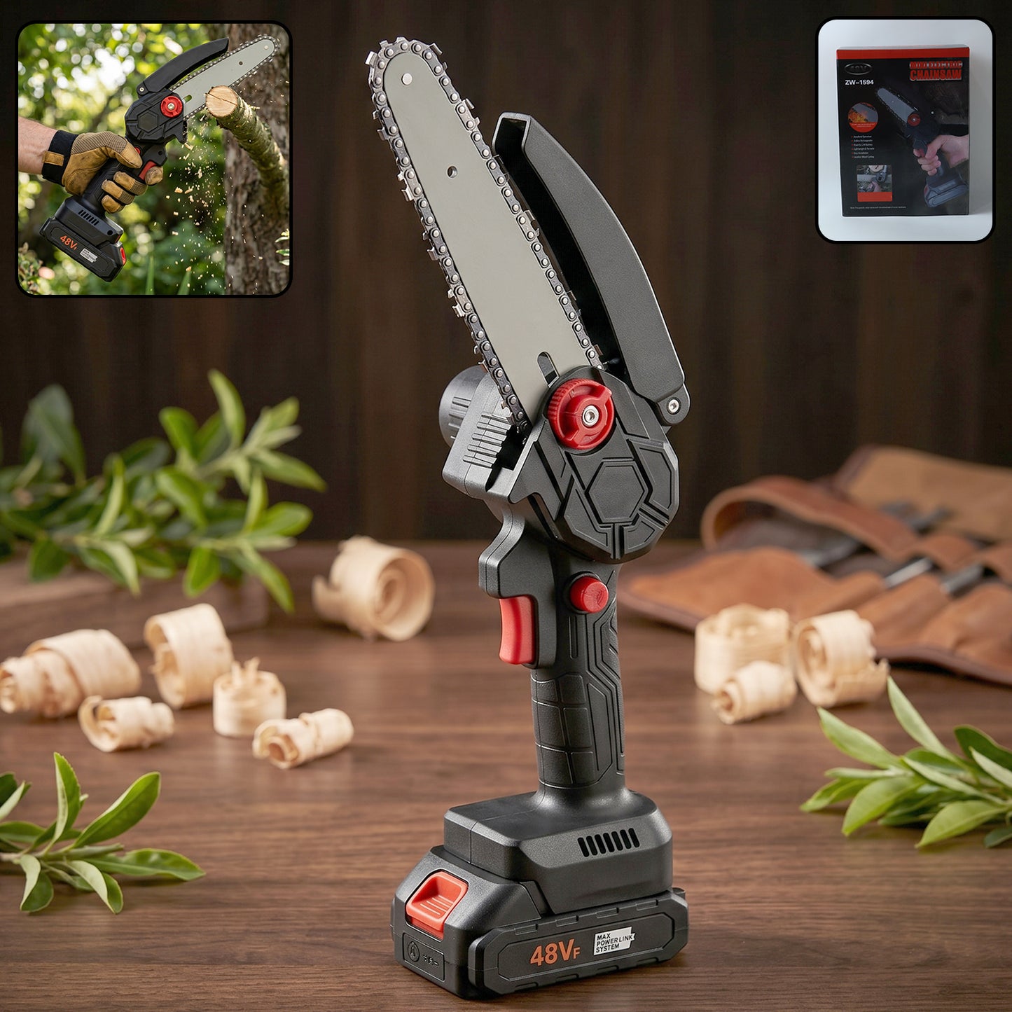 Mini Electric Cordless Chainsaw (1 Set, 48V, Blade size 18 Cm)