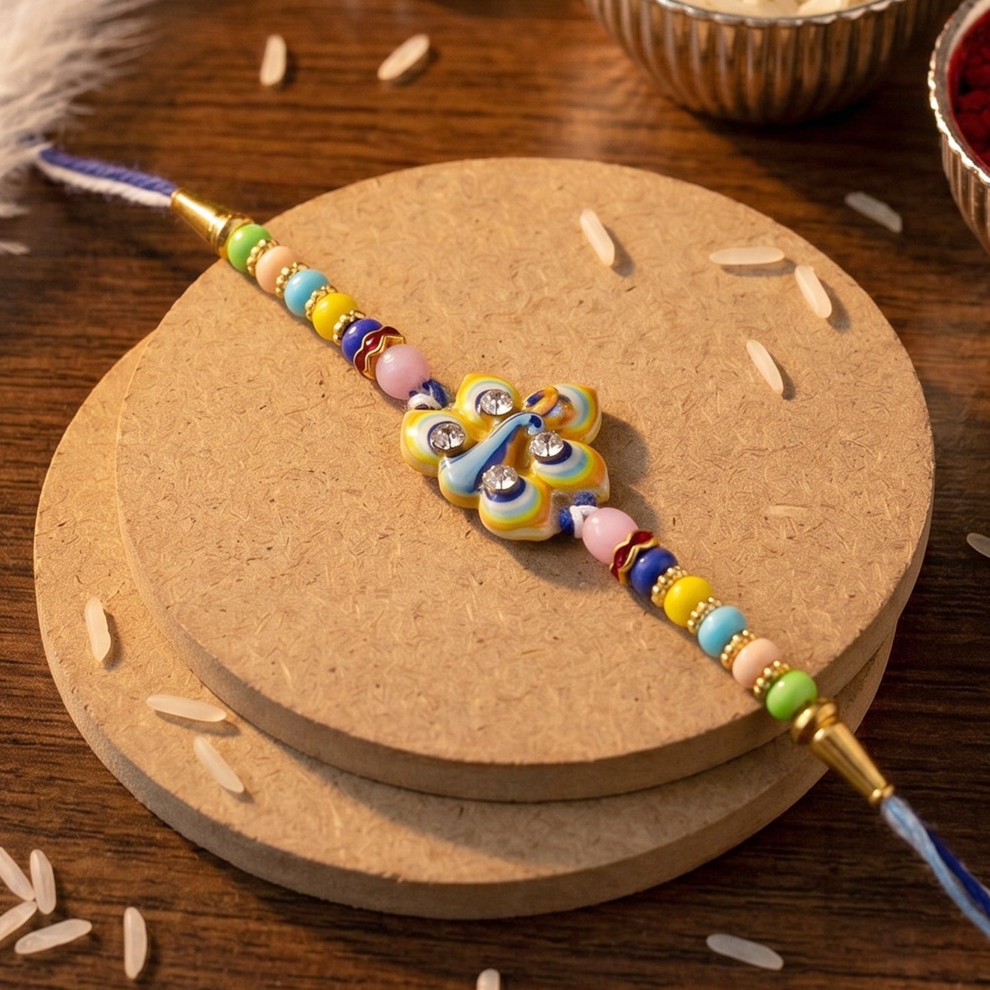 Traditional Rakhi featuring peacock feather design for Raksha Bandhan