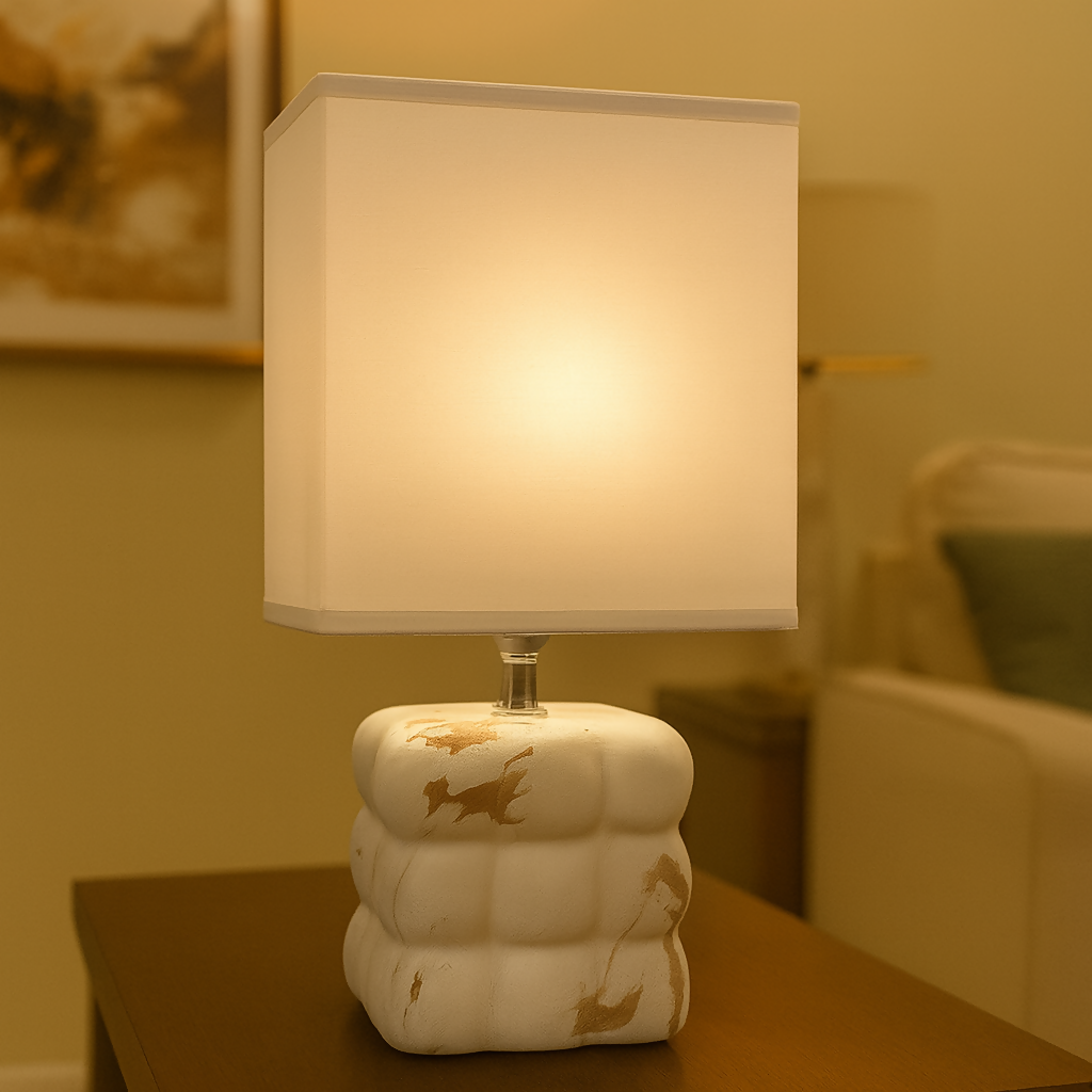 Luxury White Marble-Texture Ceramic Table Lamp with Square Fabric Shade