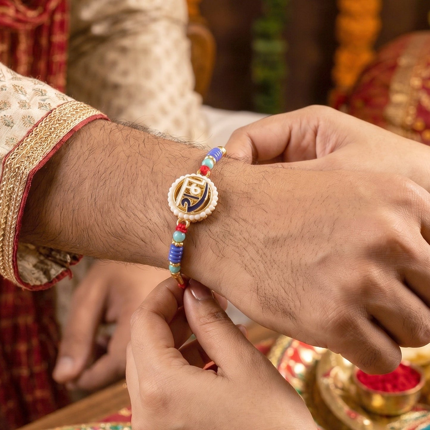 Close-up of Ram Naam Devnagari Rakhi centerpiece showcasing intricate detailing and beads