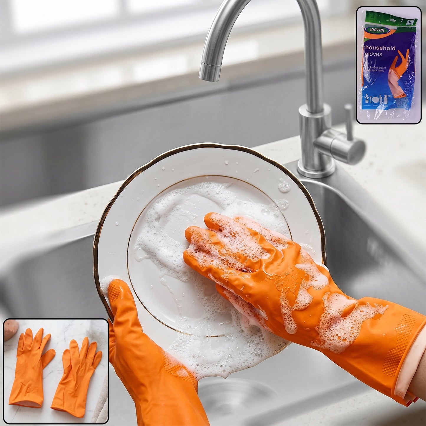 Large orange rubber cleaning gloves