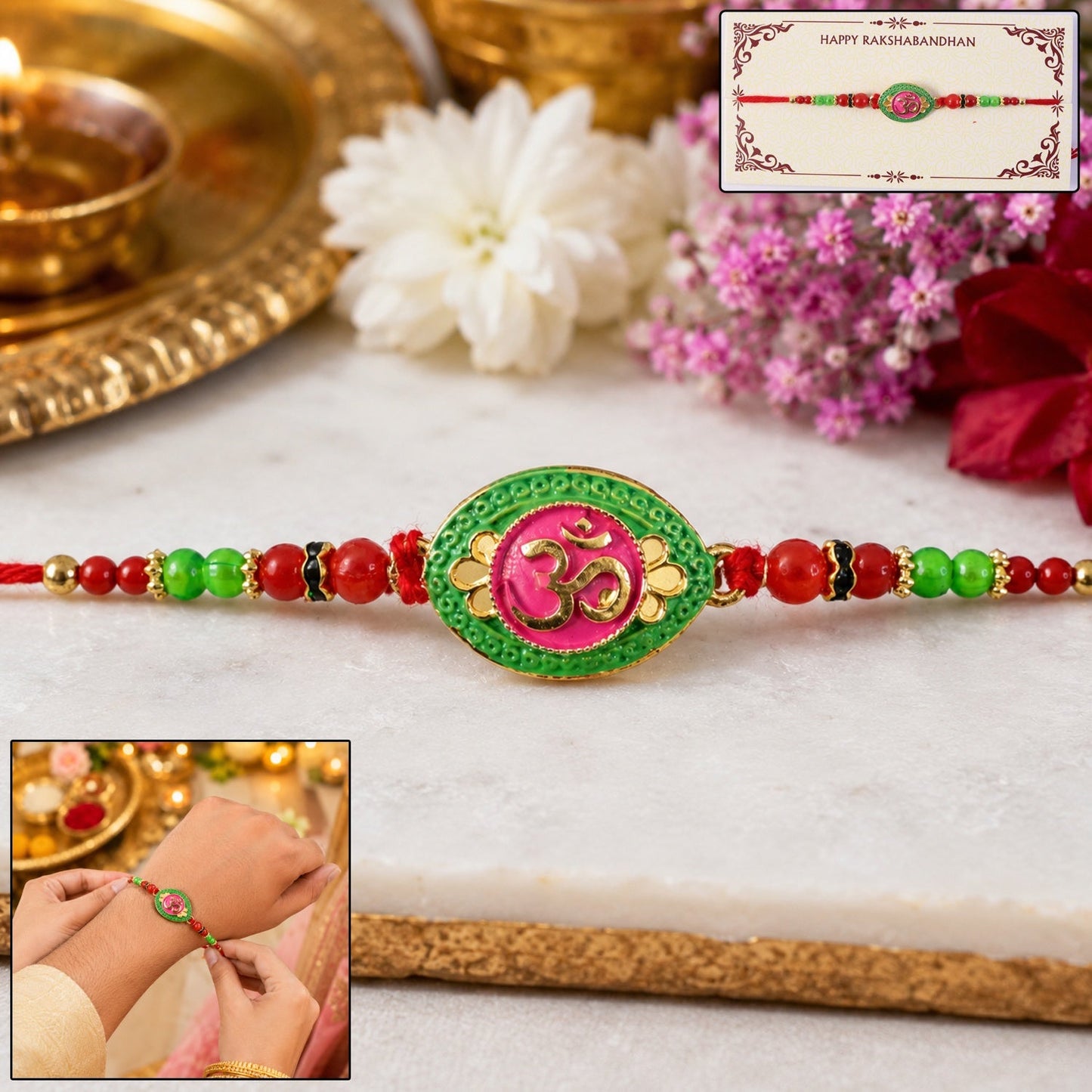 OM symbol pink green oval designer Rakhi with decorative beads