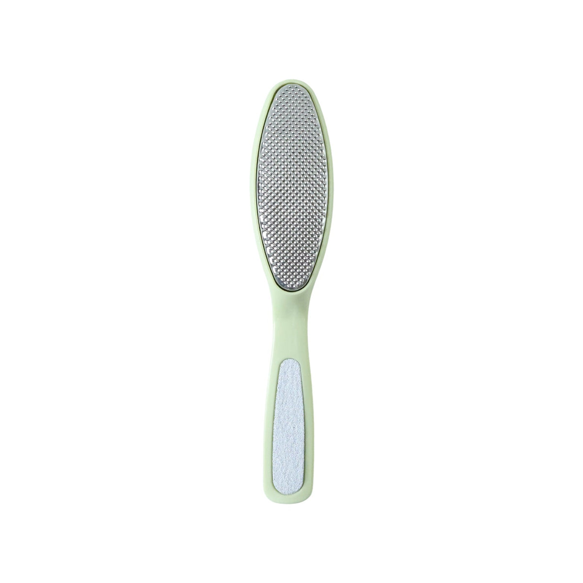 A light green dual-sided foot file with a silver textured surface on one side and a smooth silver strip on the other.