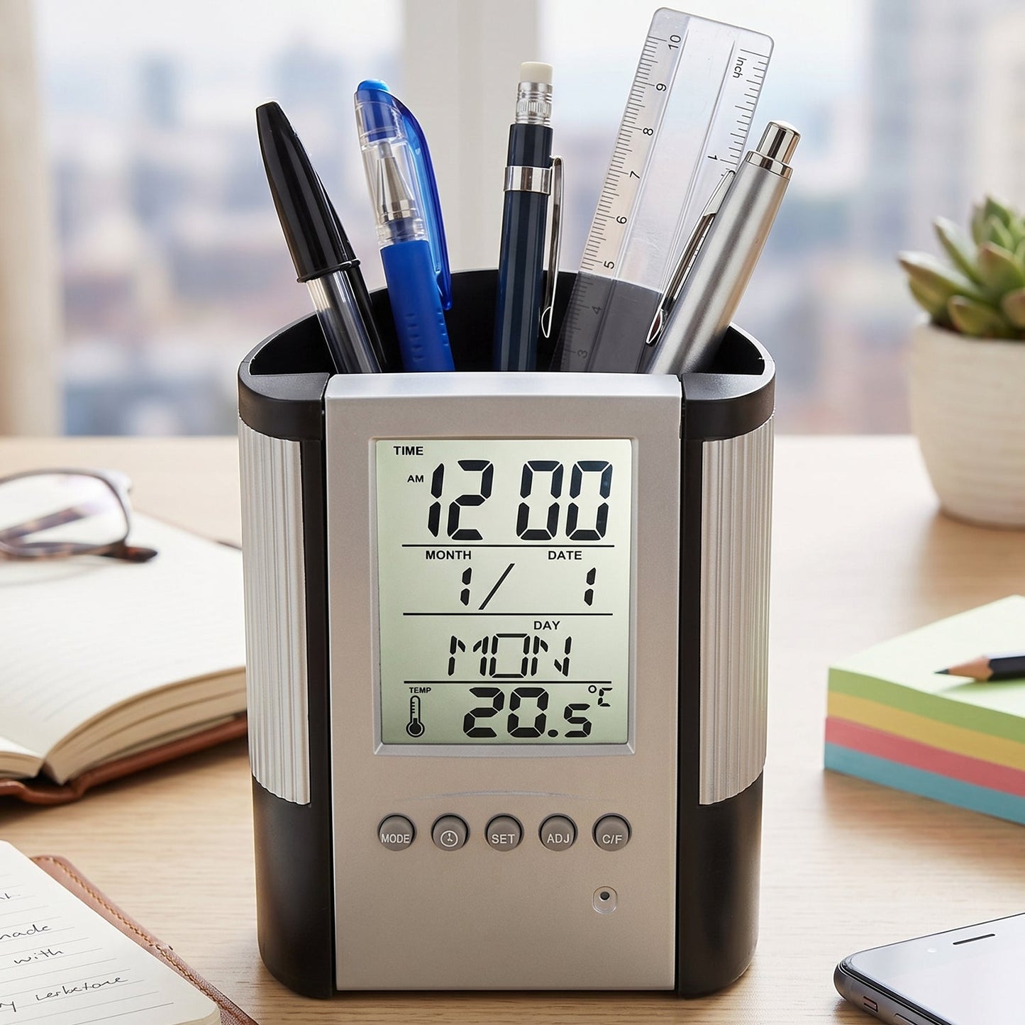 Multifunction Digital Calendar Desk Clock with Pen Holder (1 Pc)