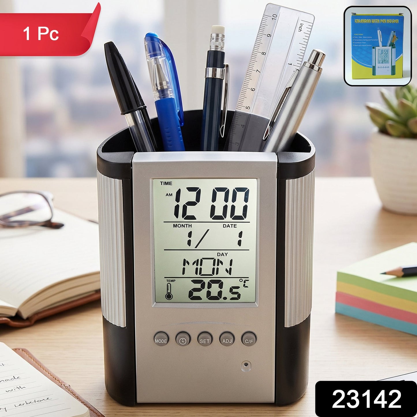 Multifunction Digital Calendar Desk Clock with Pen Holder (1 Pc)