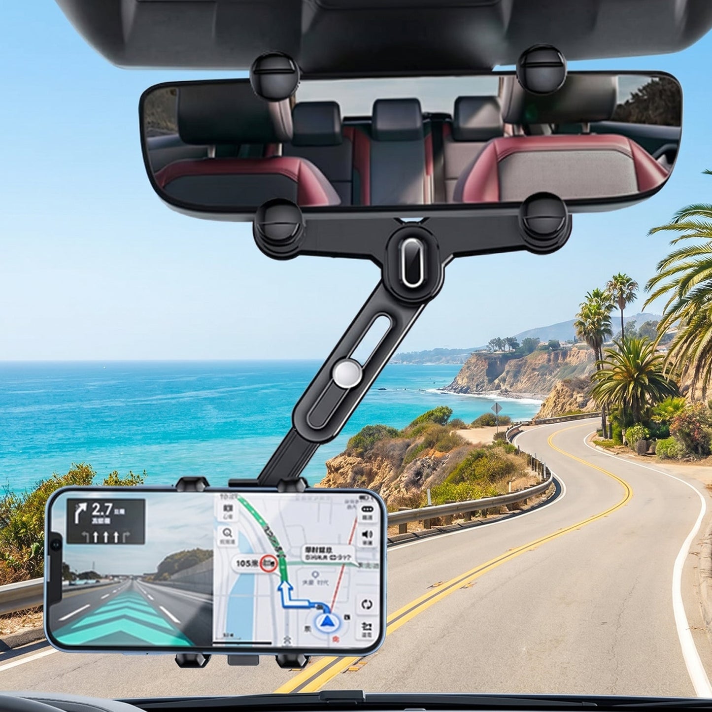 Easy clip-on rearview mirror phone holder with firm grip and 360° rotation