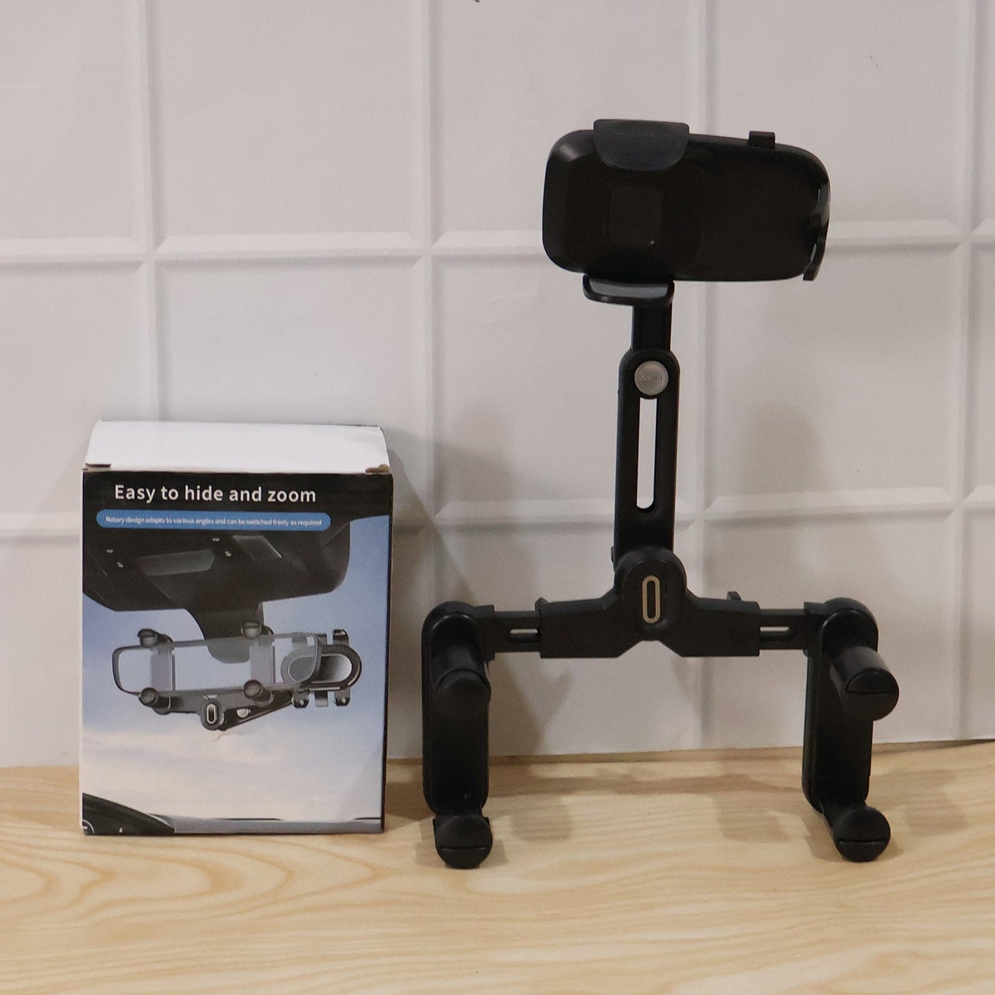 Car Rear View Mirror Phone Holder – 360° Adjustable & Retractable