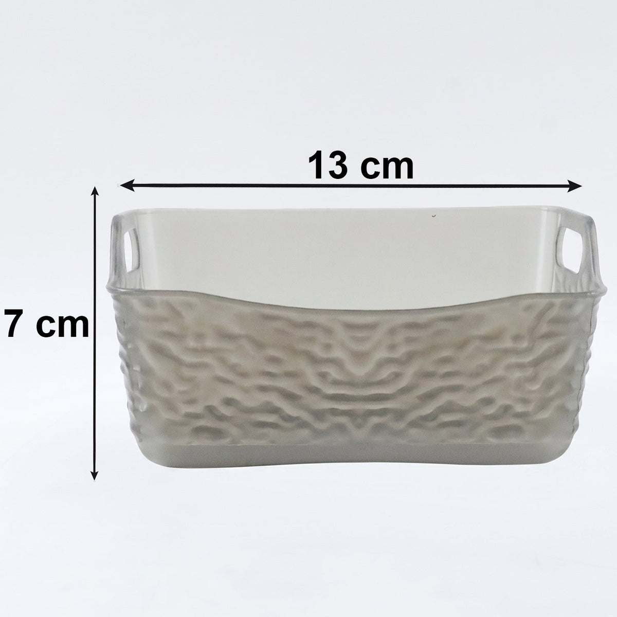 A dark gray textured glass storage basket with handles, showing its dimensions of 13 cm length and 7 cm height.