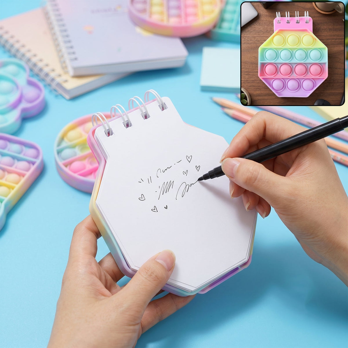 A person's hands writing on a pastel hexagon pop it fidget notebook with a black pen on a blue surface.