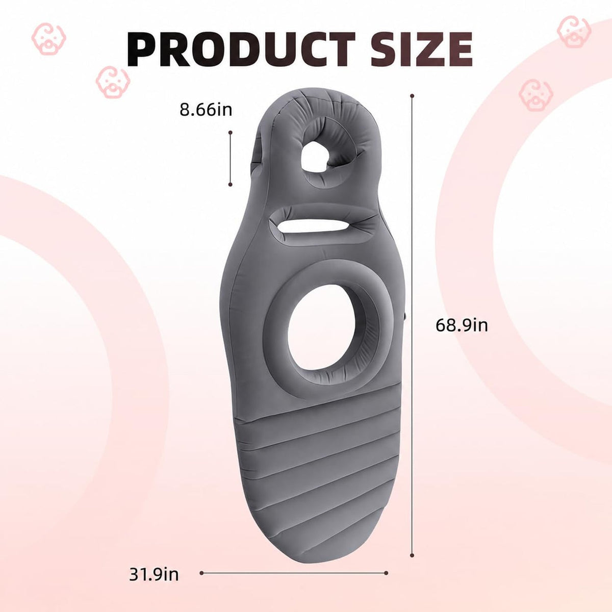 A grey inflatable mat with a belly hole and headrest is shown with product dimensions on a light pink background.