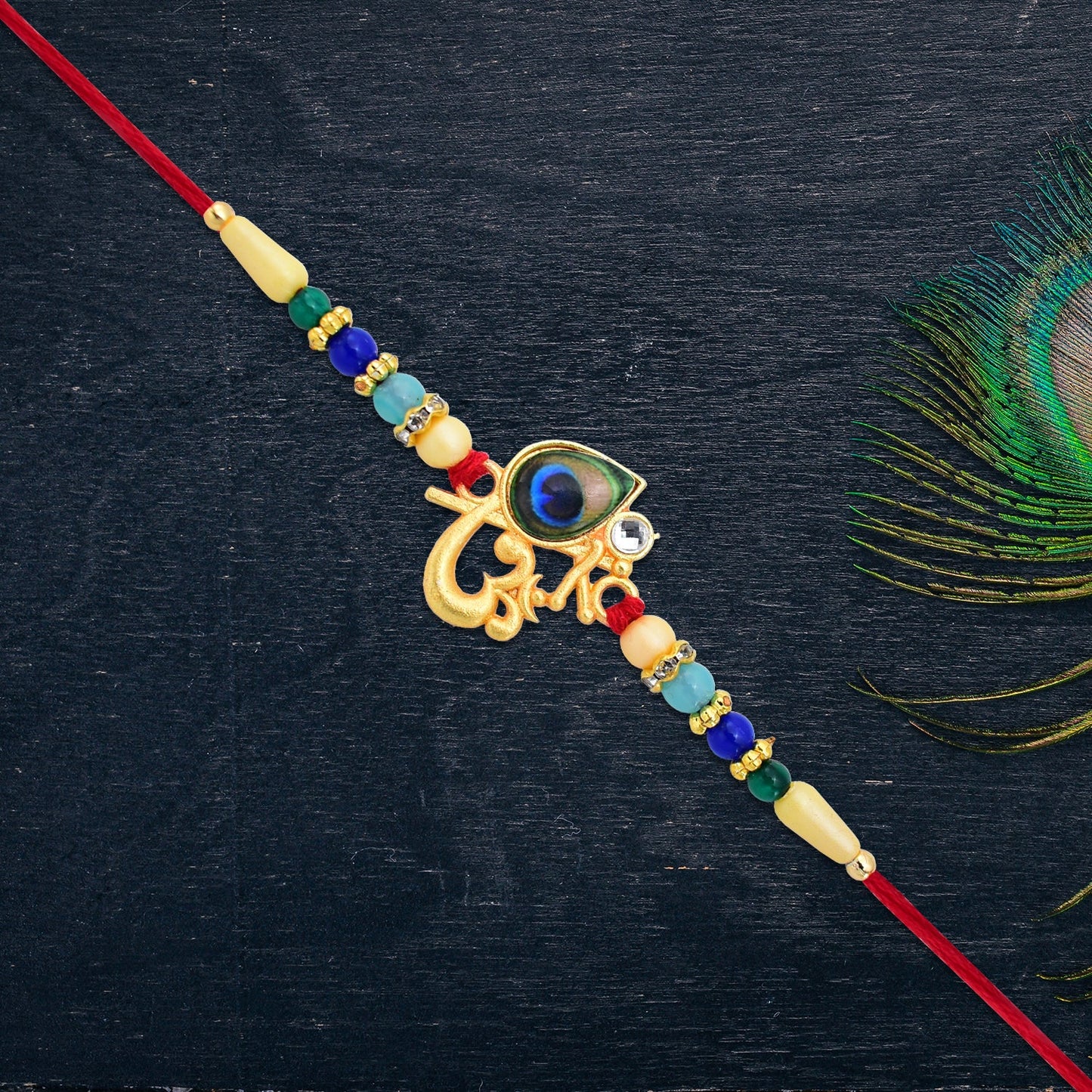 Stylized image of the premium Peacock Rakhi with Govind-inspired detailing.