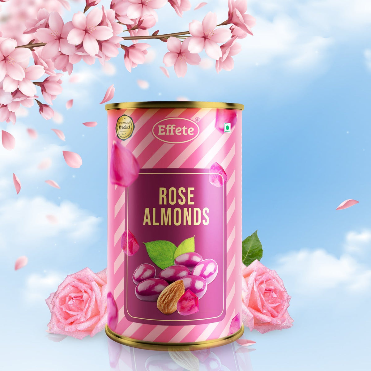 Pink and white striped tin of rose almonds with falling petals, surrounded by pink roses and cherry blossoms against a blue