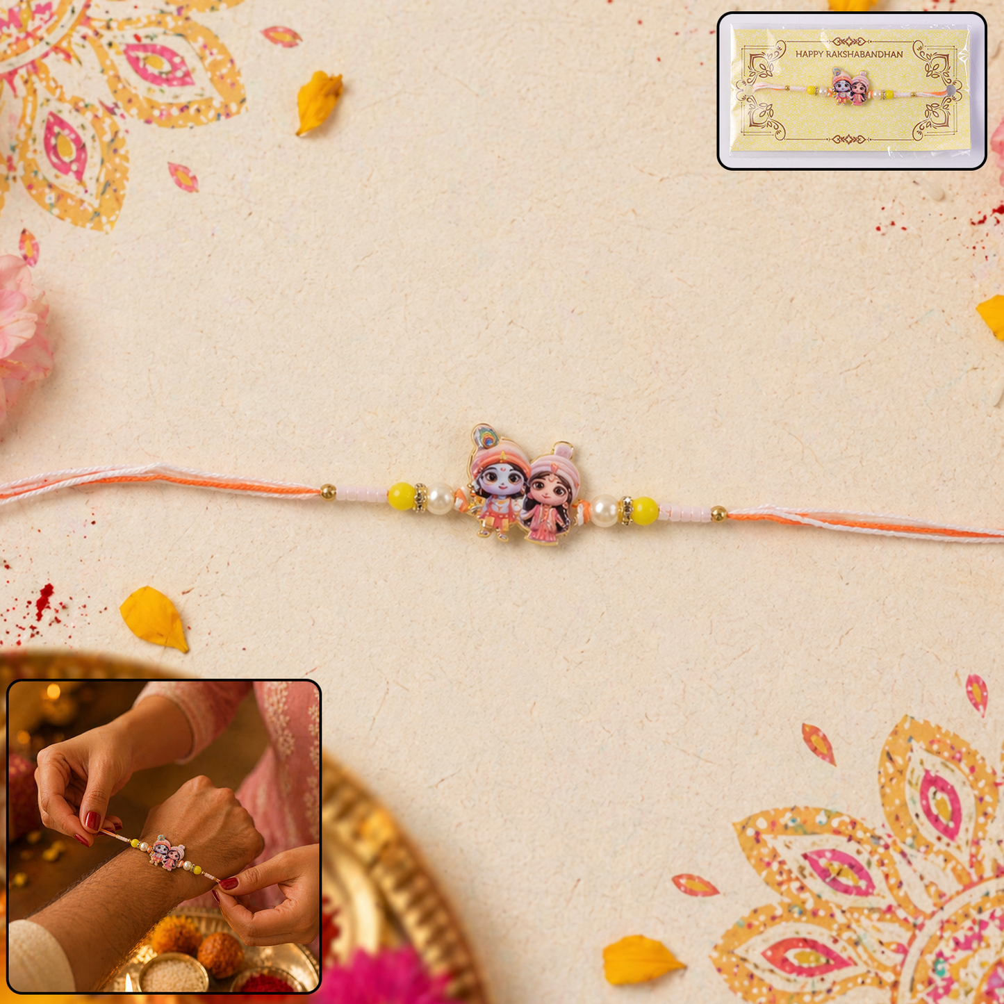 Front view of vibrant Lord Krishna Radha Rakhi with decorative beads.