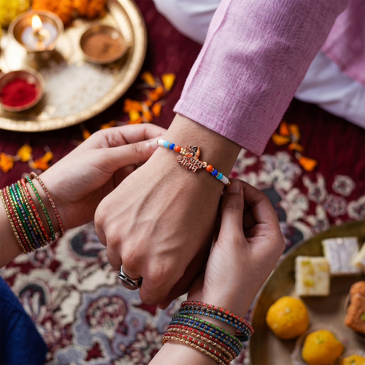 Soft thread Rakhi for comfortable wear with Lord Ram design