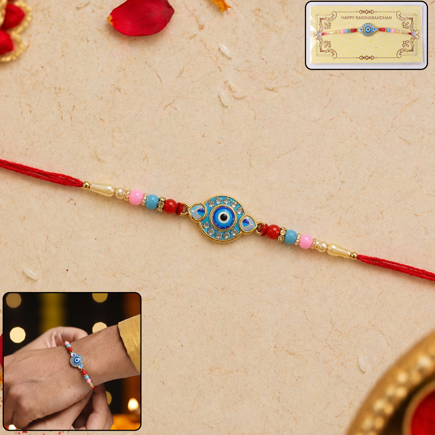 Side view of Evil Eye Rakhi with decorative beads