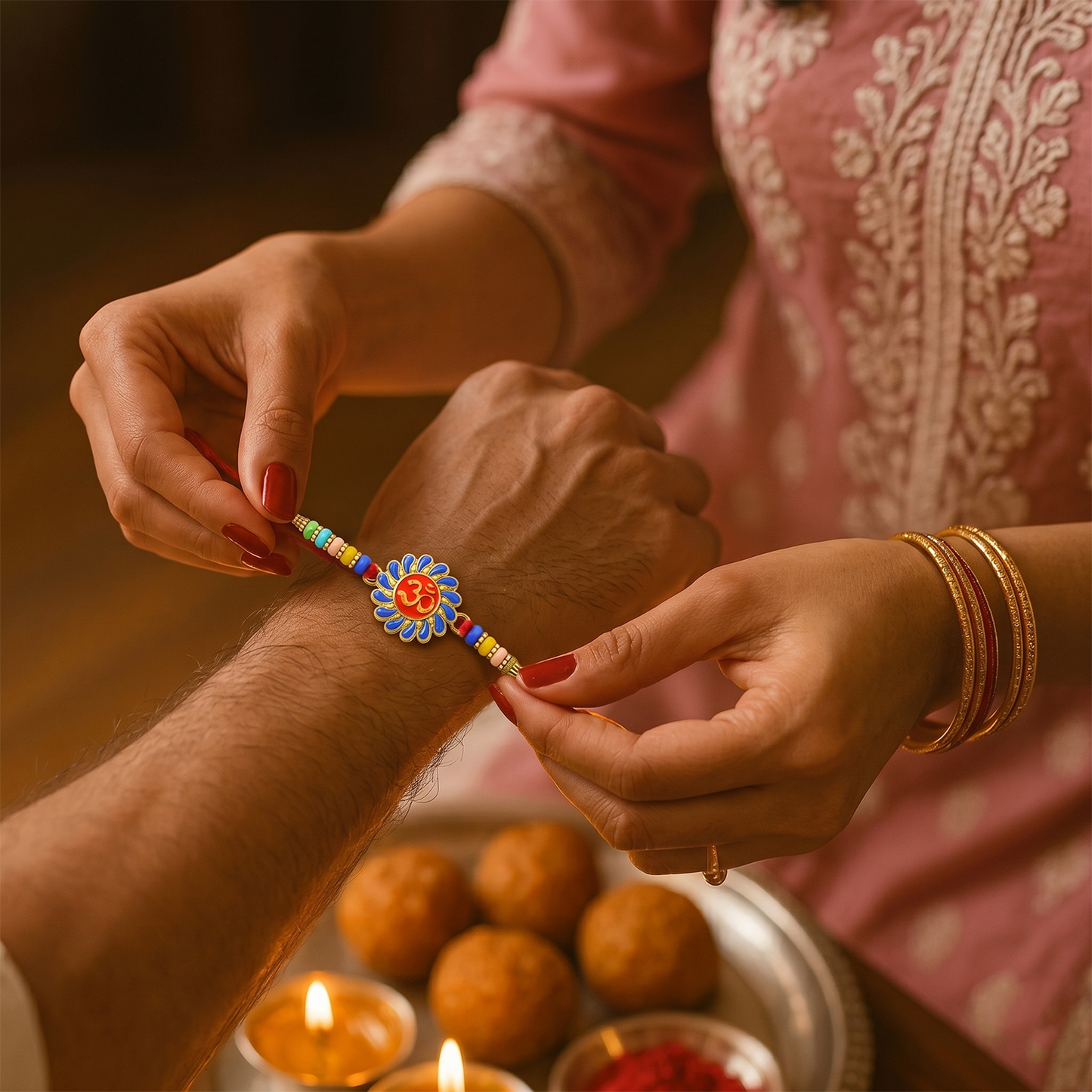 Red thread tied OM Rakhi with beads