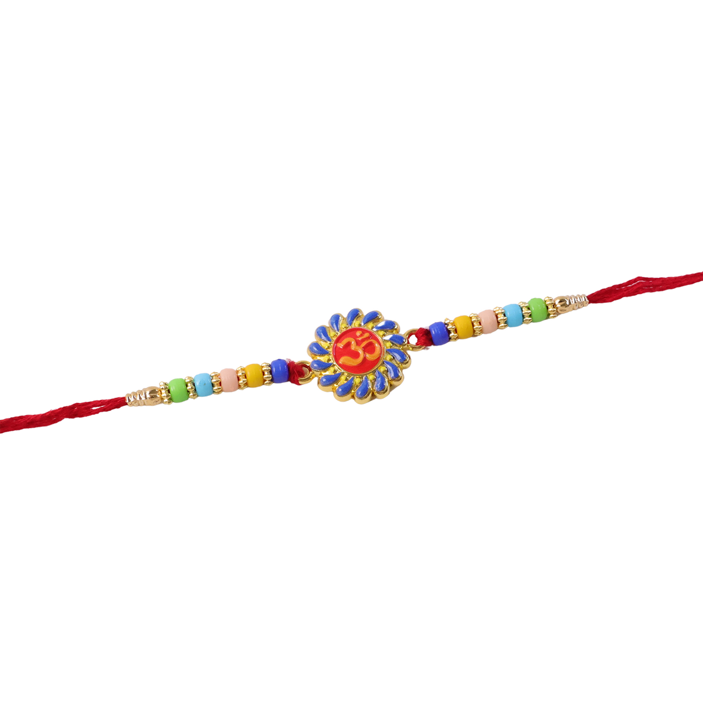Vibrant multicolor beads on Om Rakhi's soft thread.