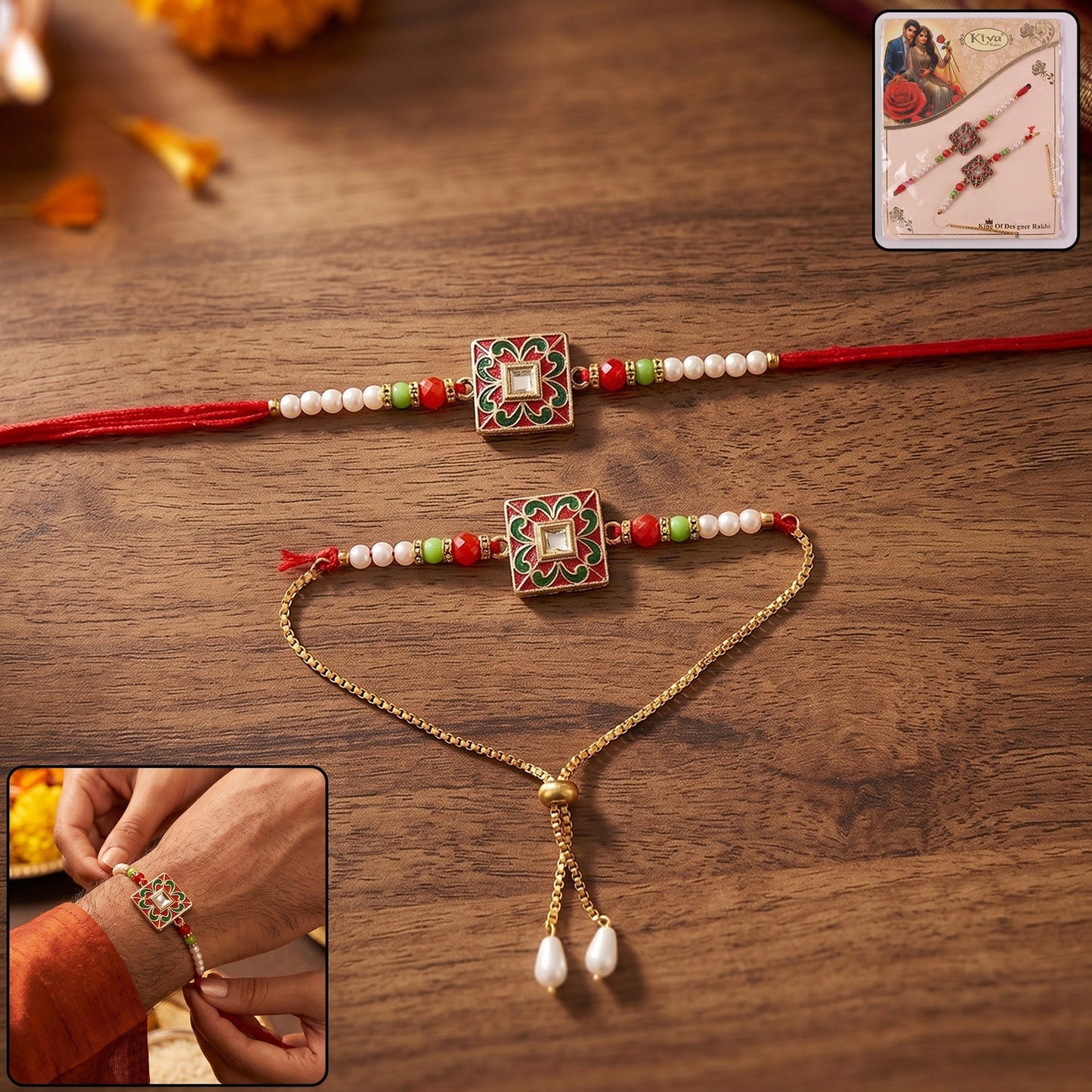 Traditional square designer Rakhi with pearl beads and elegant centerpiece