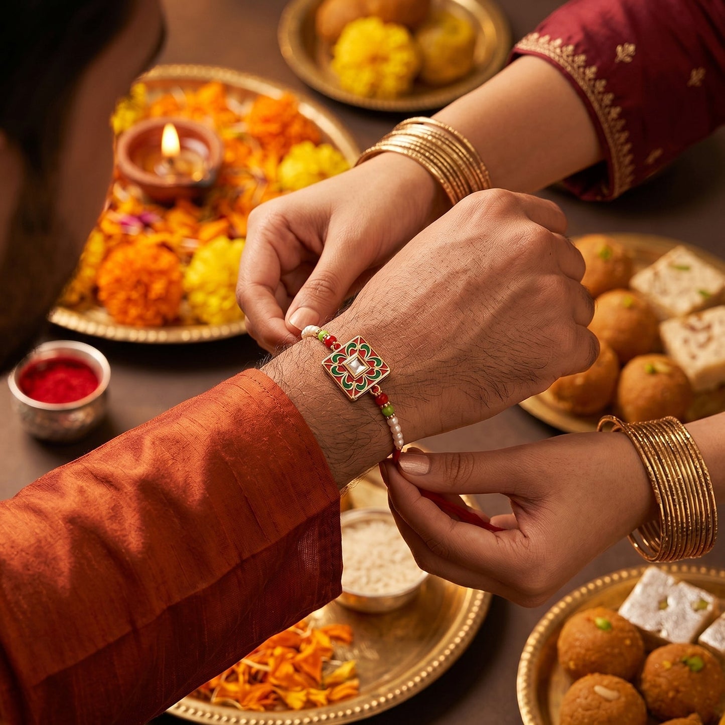 Traditional thread with pearl bead design on Rakhi
