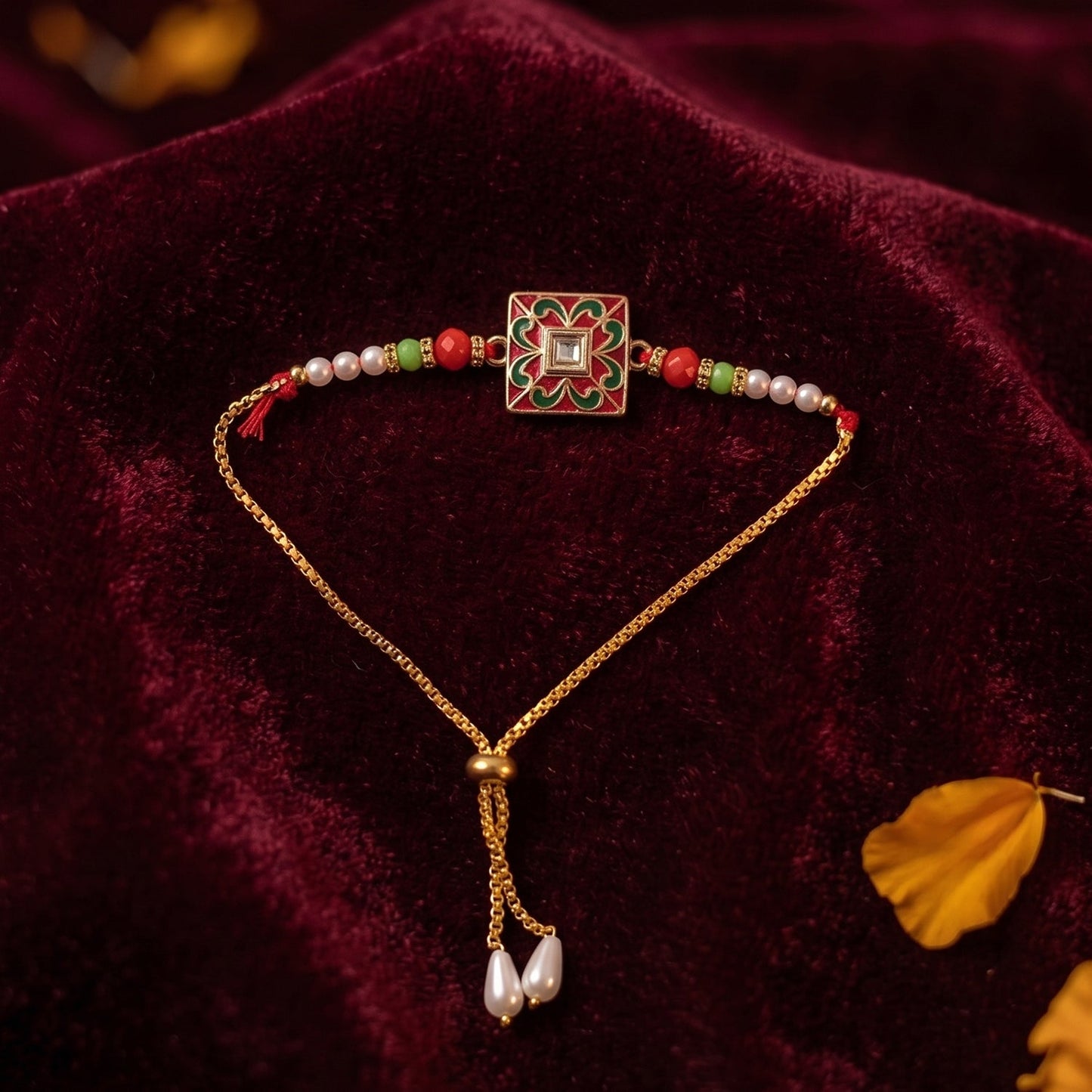 Decorative beads and traditional design on Rakhi
