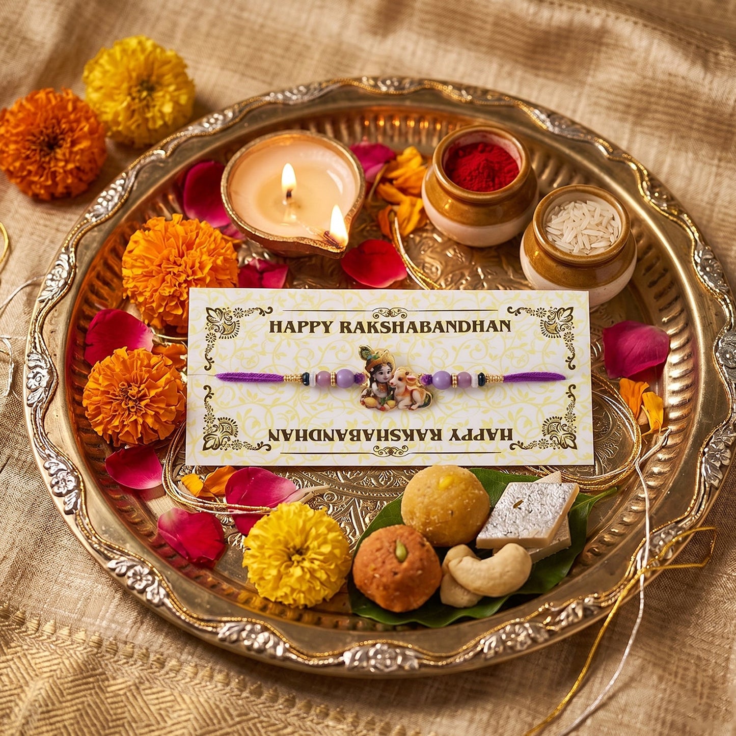 Vibrant Bal Krishna Rakhi thread with devotional Bal Krishna and cow motif.
