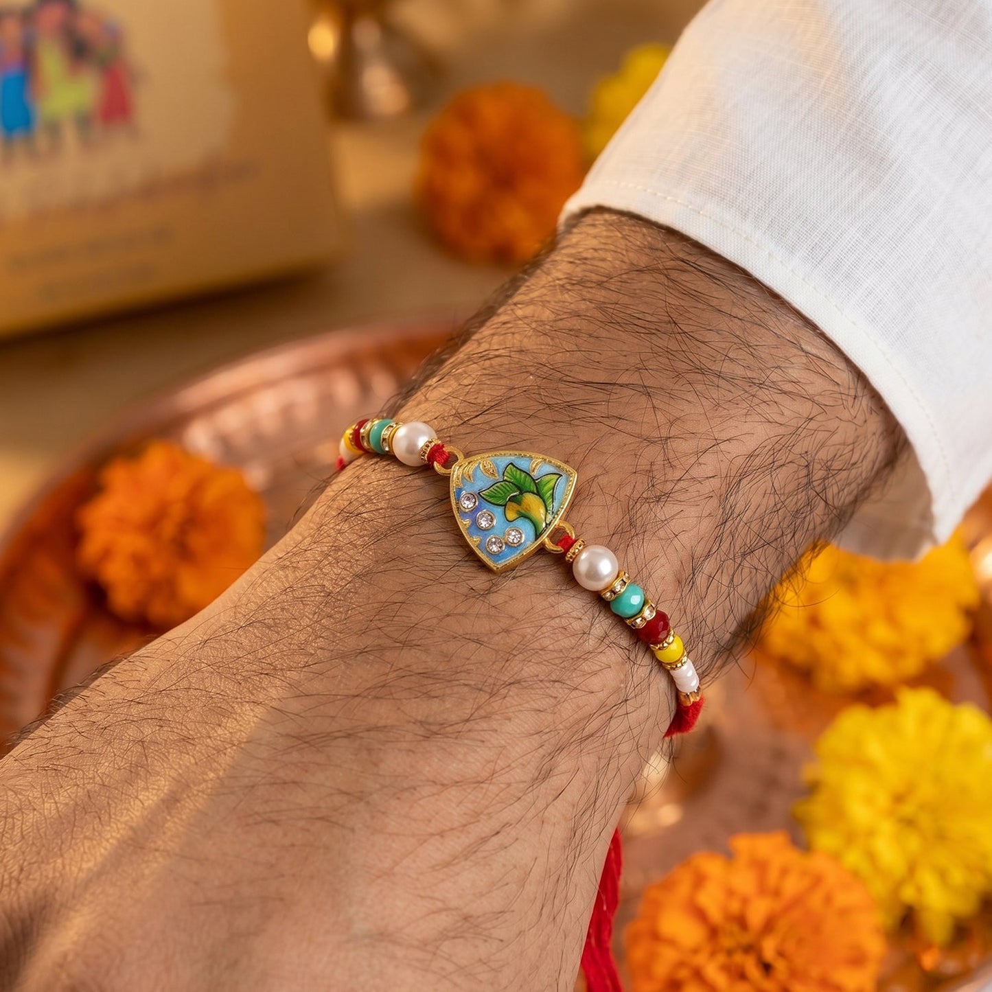 Colorful beads and stylish center of leaf Rakhi