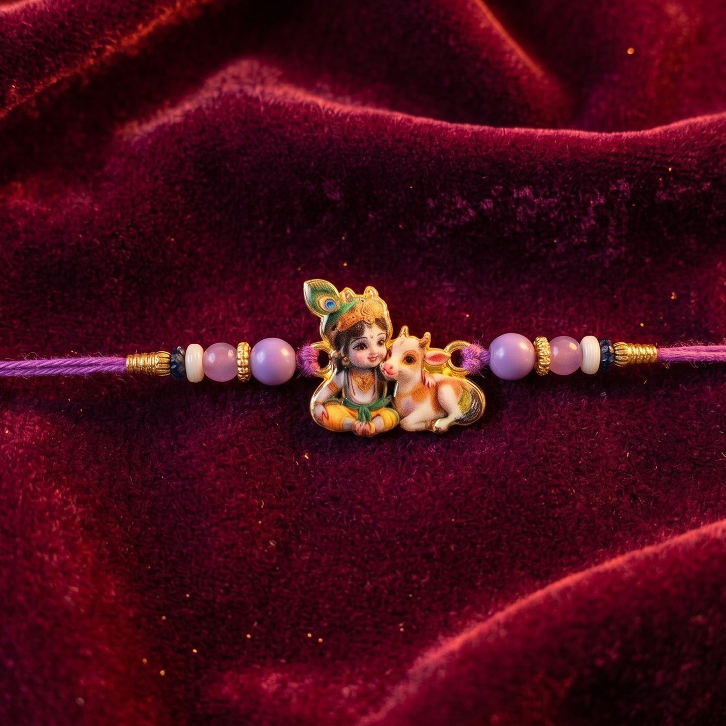 Decorative Bal Krishna Rakhi with figurine and colourful beads.