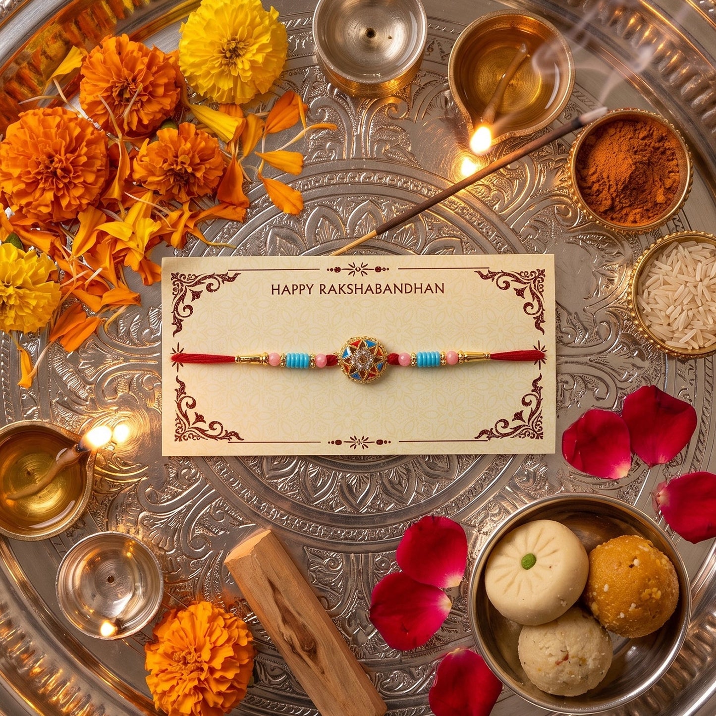 Elegant floral stone Rakhi showing intricate details