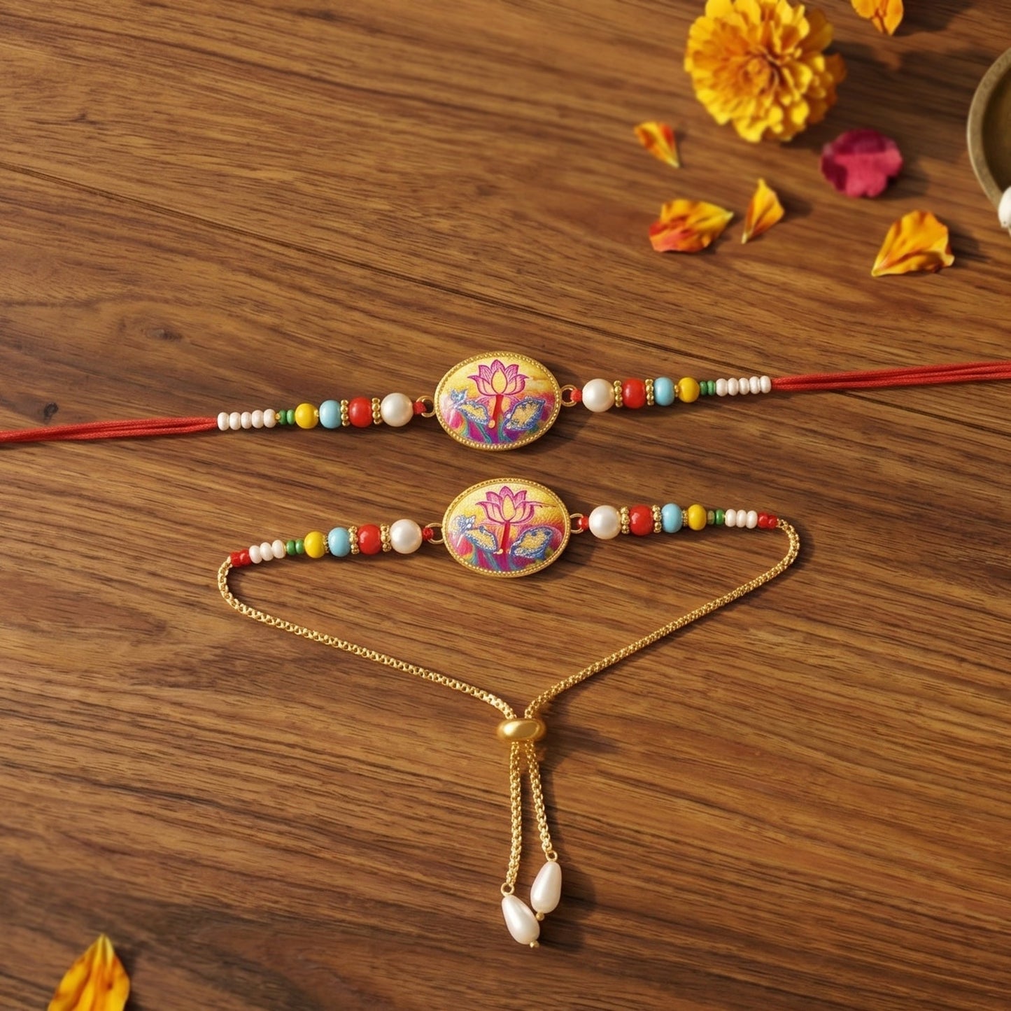 Close-up of colorful decorative beads on Lotus floral Rakhi