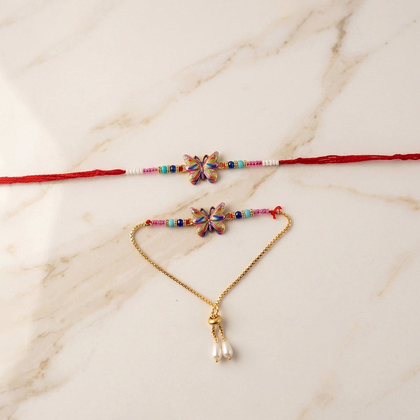 Decorative beads on Rakhi thread with Rainbow Butterfly motif