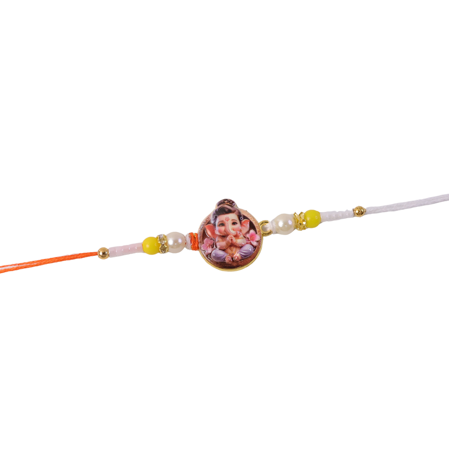 Ganesh Ji Rakhi displayed on surface highlighting colorful beads