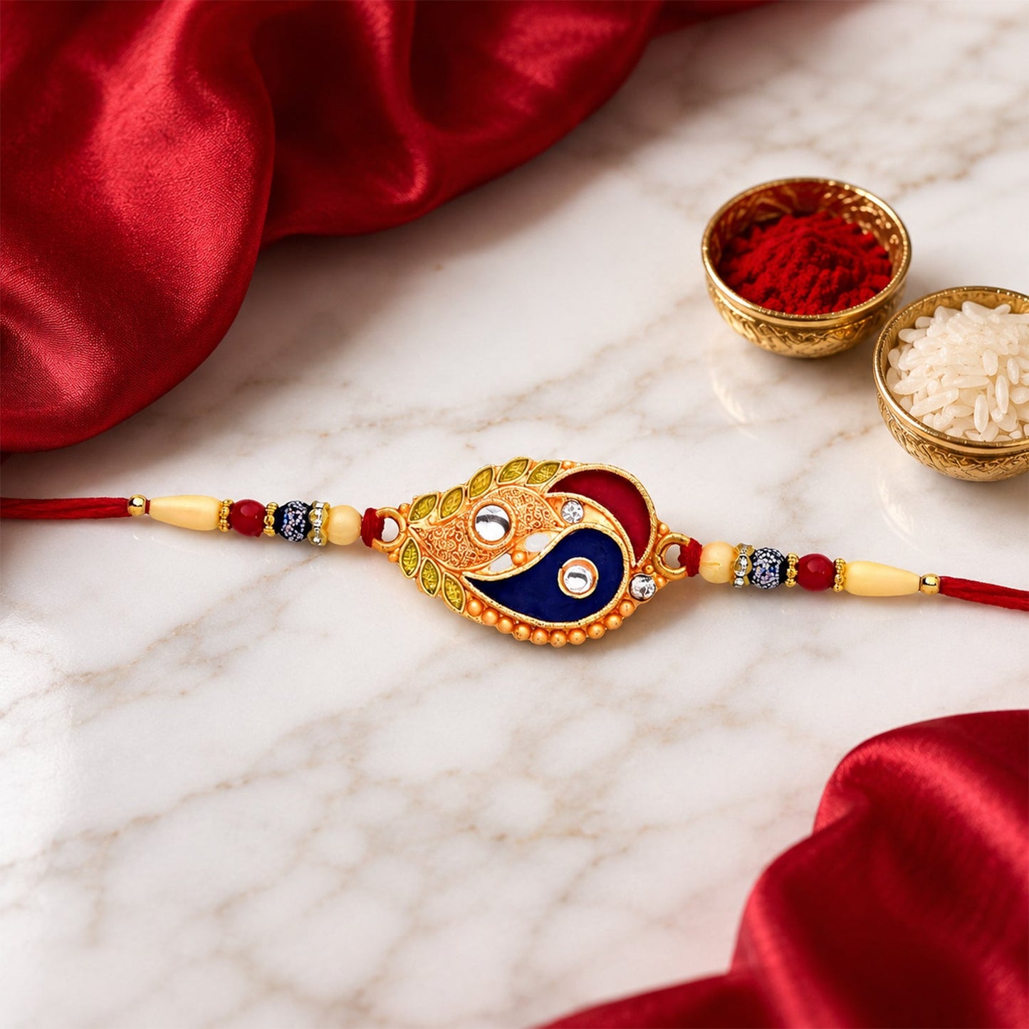 Designer enamel rakhi with paisley motif and shimmering gold-tone finish