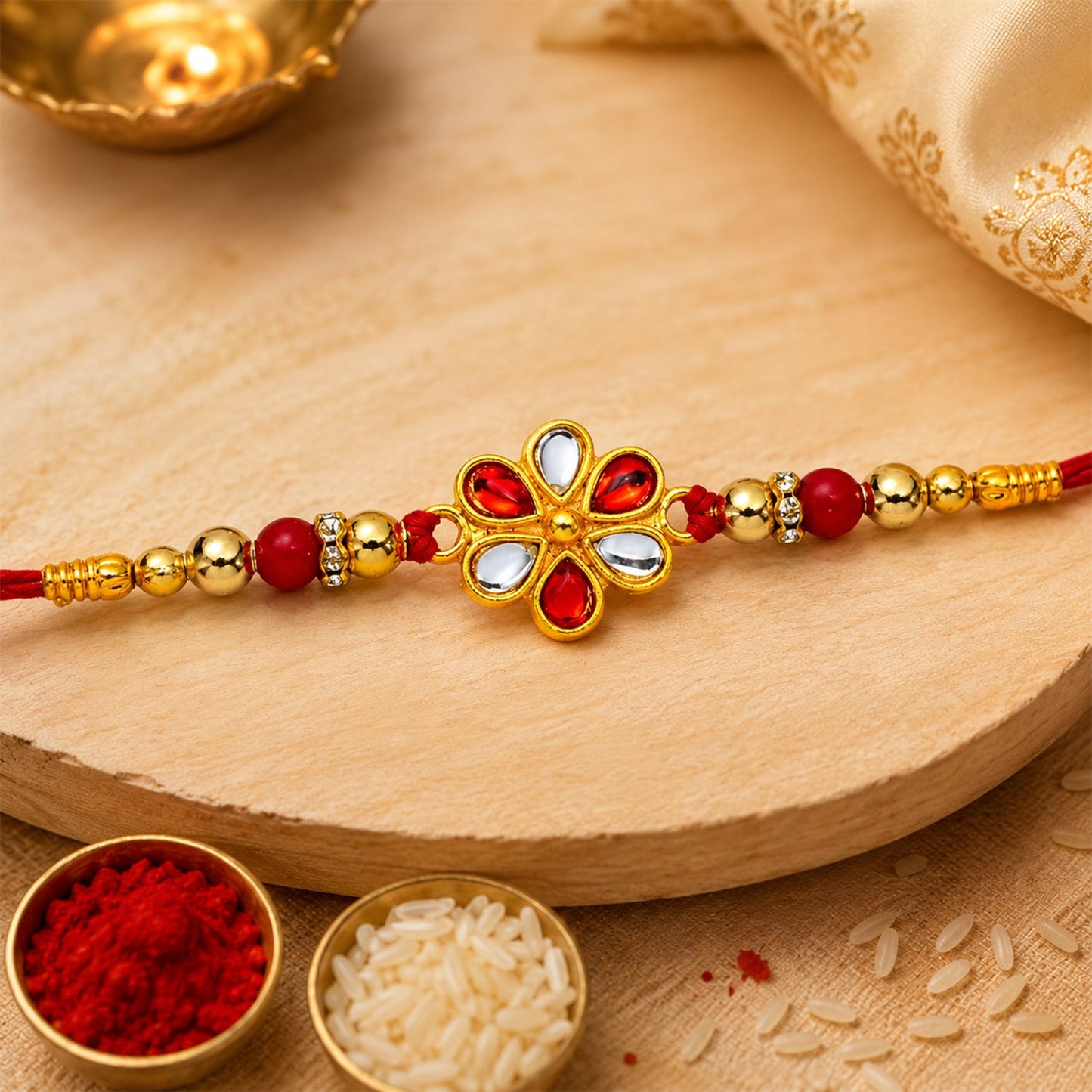 Red White Beaded Rakhi with Kundan Floral Centerpiece – Elegant Design